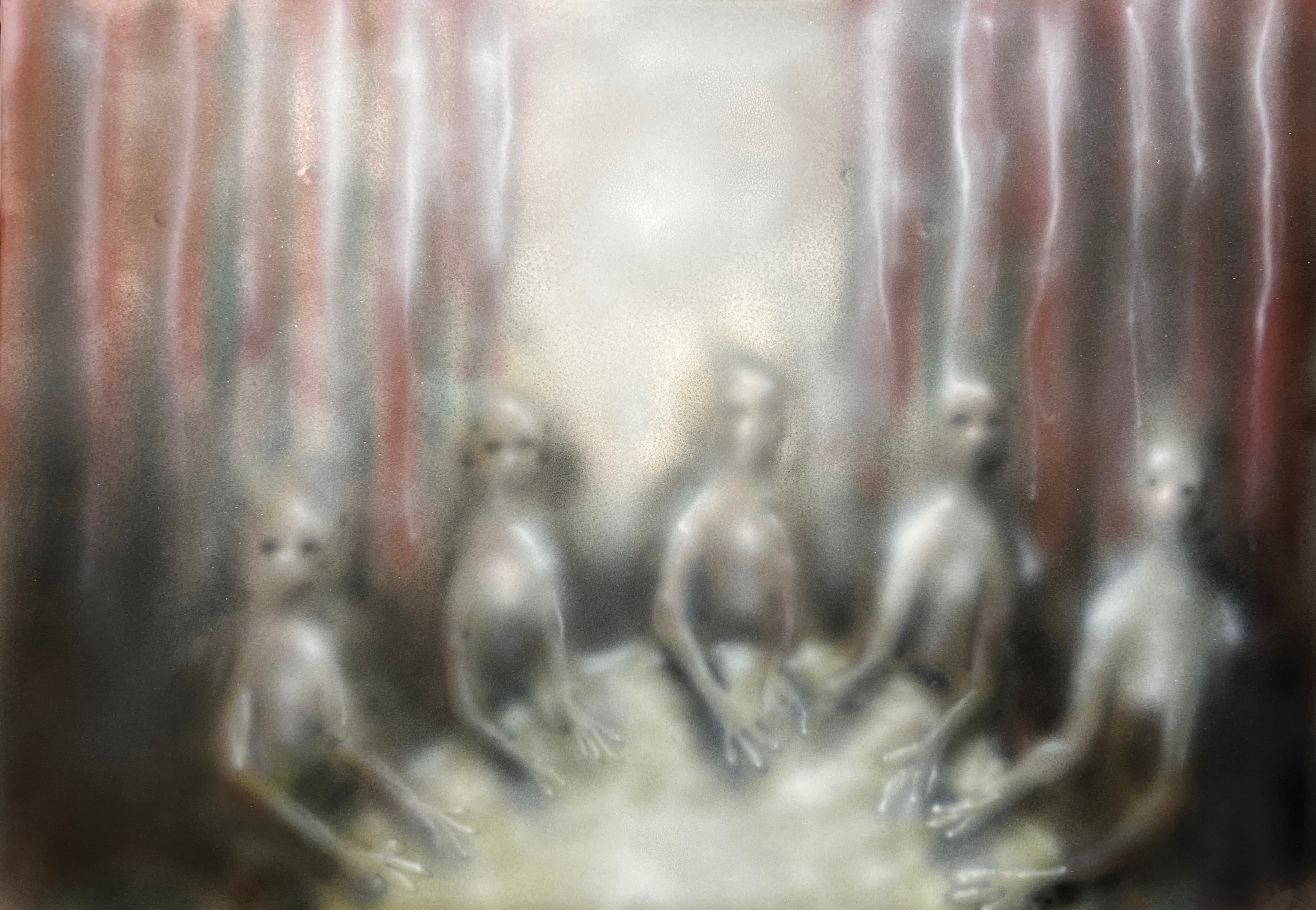 Five figures sitting on a round table and staring at the viewer