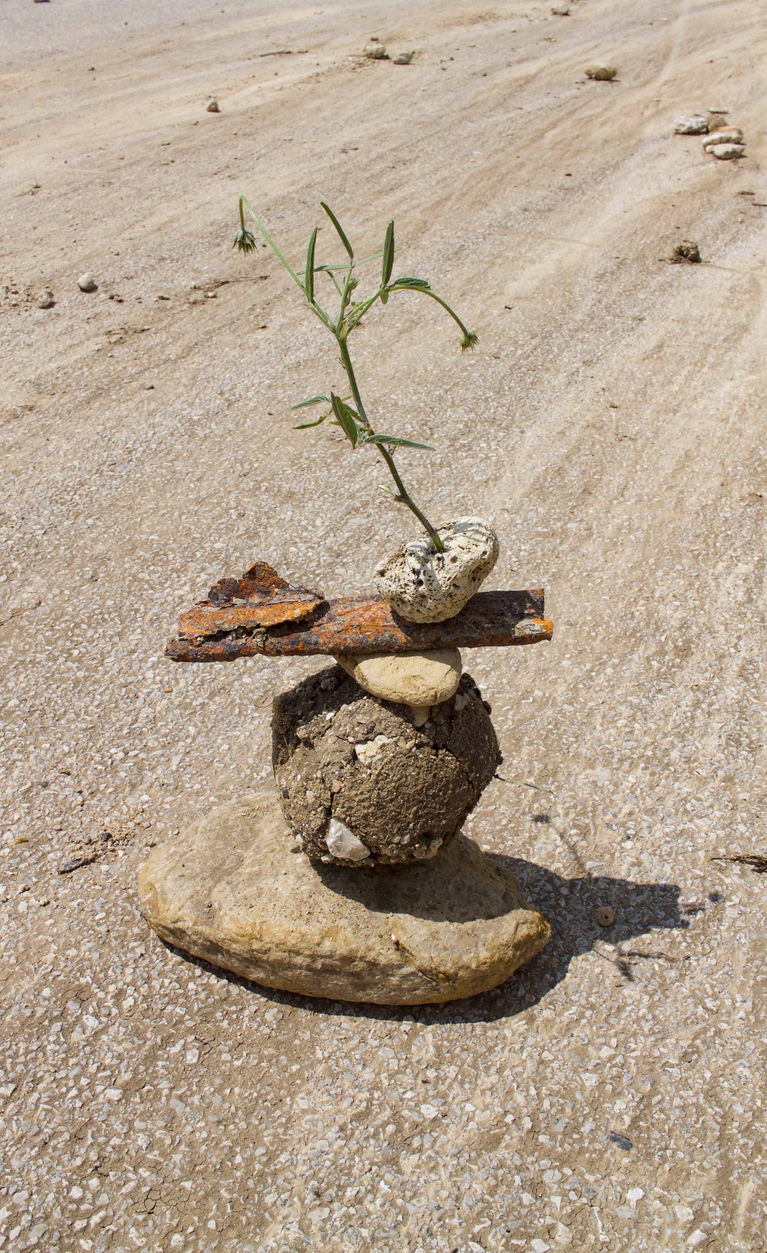 This instantaneous intervention took place in the Belice Valley, Sicily, an area struck by an earthquake in 1968 that caused the destruction of several towns. In this area, I collected some sediments that had fallen from the hillside onto the road following heavy rainfall during my residency in Gibellina with artist Alessandra Spranzi, 2023.  Layered history Is brought back to life Through active memory Embodied by the Herald: A fragile monument, Kept in balance thanks to The cooperation of multiple forces.