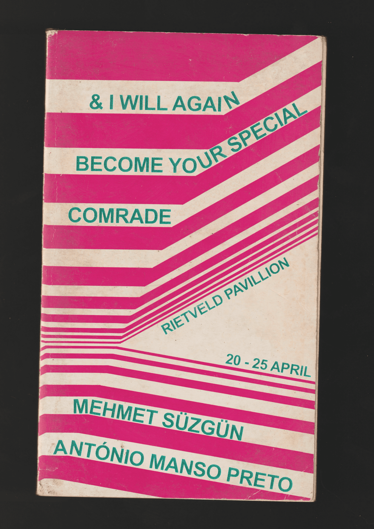 The image shows a scan of a book cover with the event title on it. The book has pink and white stripes.