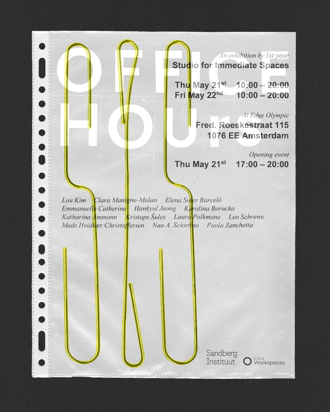 The image shows a photoscan of a plastic filing page advertising SIS first year show.