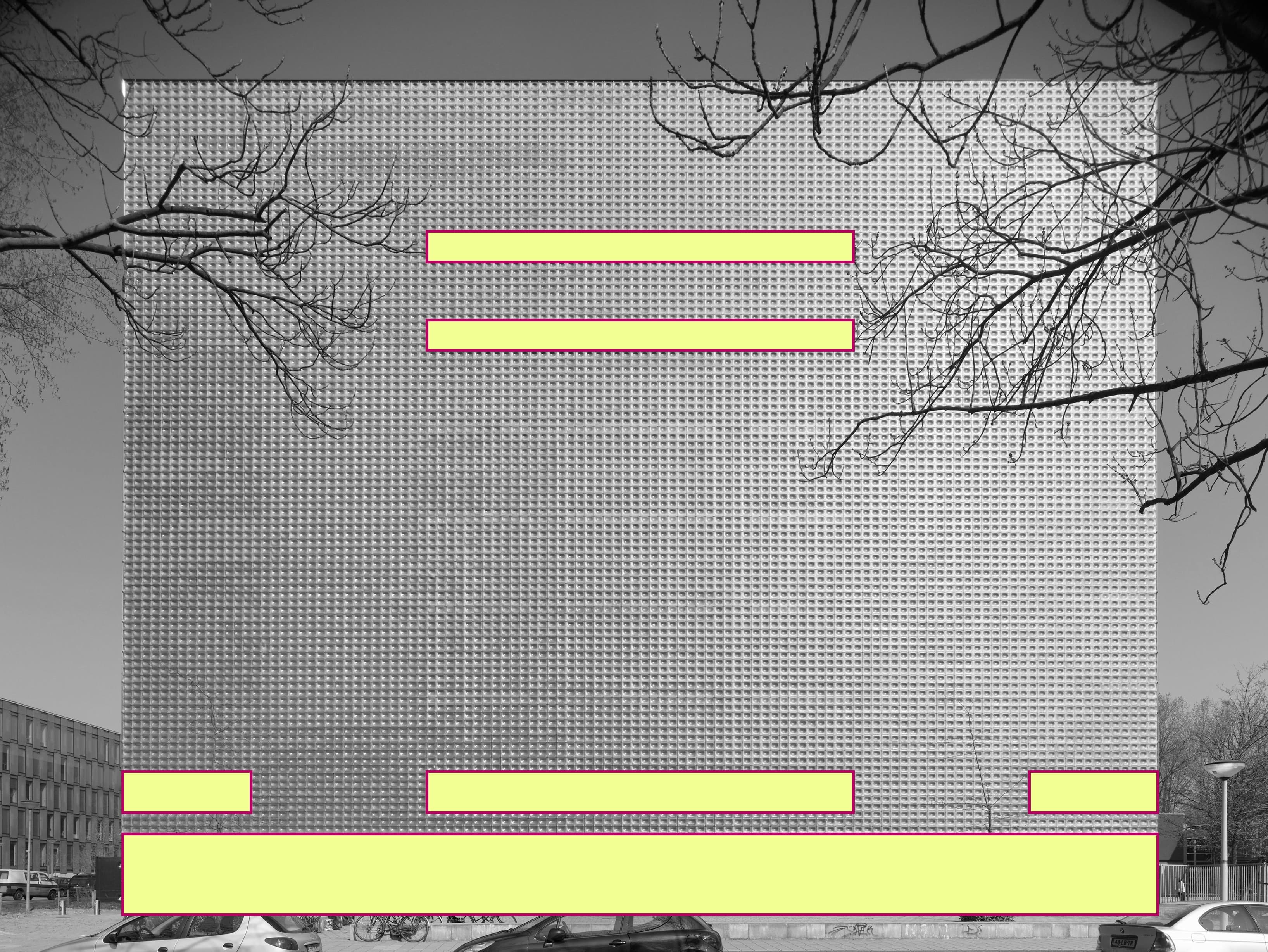 The image is of the BC building. Yellow blocks overlay the windows highlighting the placement of the menu bar.