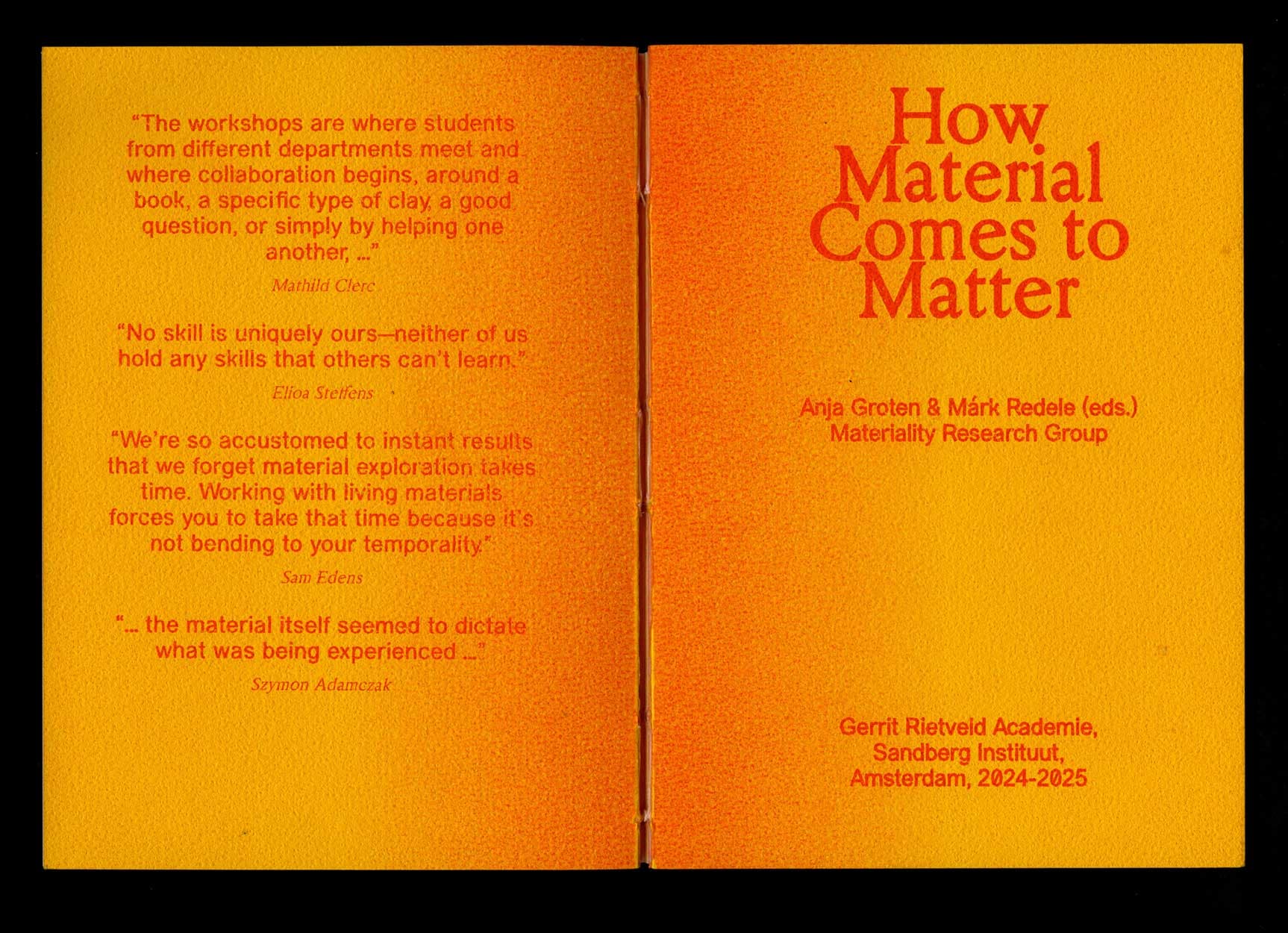 The image shows the cover spread of the Material Matters publication. It is orange with red text.