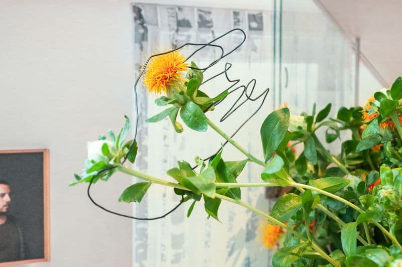 A thin metal wire curves around some flowers.